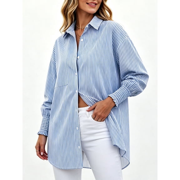 Gingprous Women's Striped Button-Down Shirt – Relaxed Fit Blouse with Smocked Cuffs & Pocket