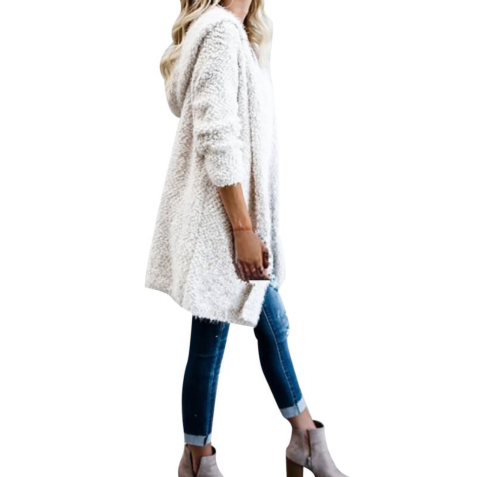Womens Long Sleeve Sweater Solid Fuzzy Open Front Hooded Cardigans Oversized Jacket Coats Outwear - image 3