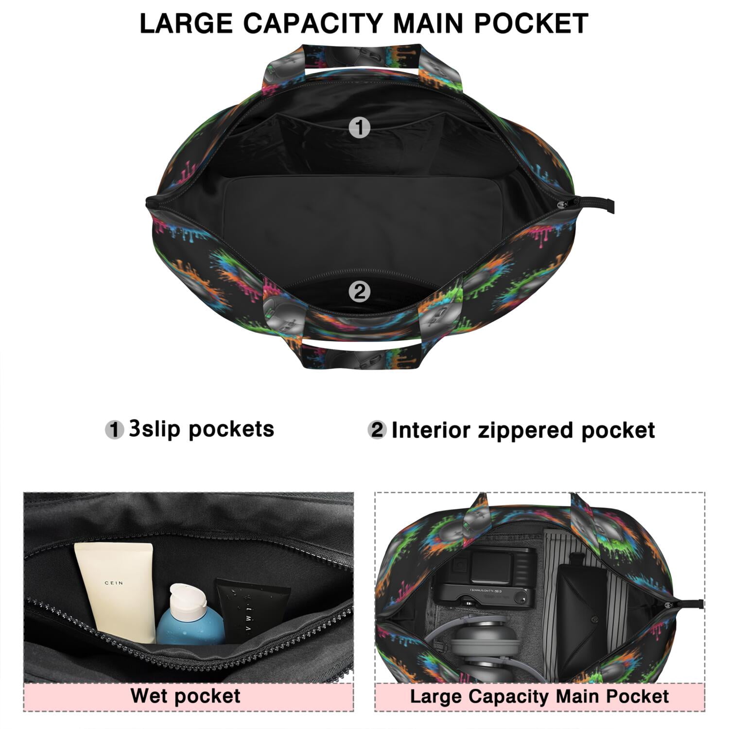 Colorful Mouse Games Black Pattern Travel Tote Bags for Women Carry On,Large Weekender Bags for Women Travel,Multi Functional Duffle Bag for Work,Shopping,Sports