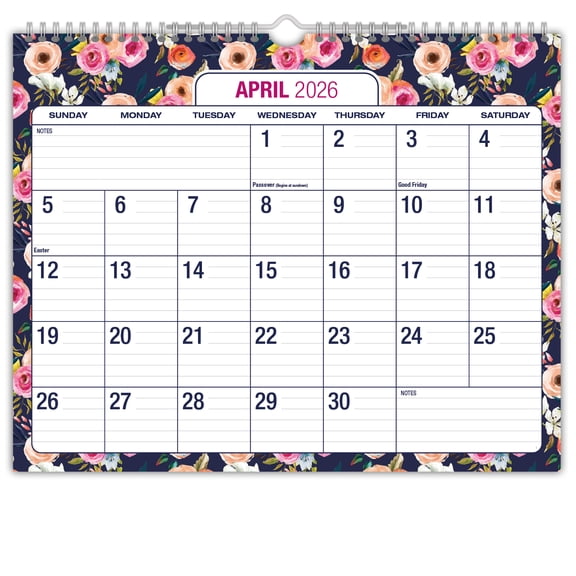 2026-2027 Excello Brands 15" x 12" Academic Year Large Print Wall Calendar, Monthly, 21 Month, Small Navy Floral