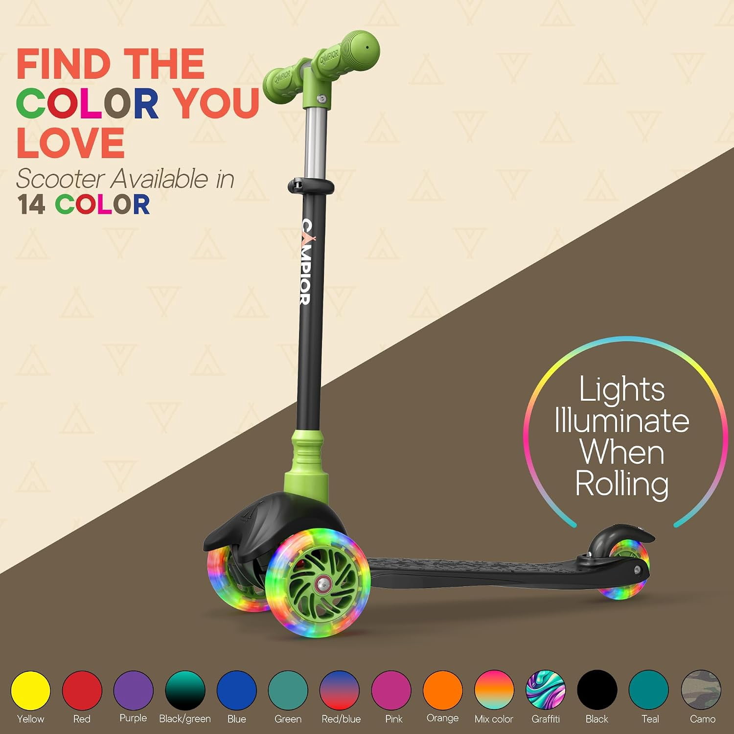 Campior Black & Green 3-Wheel Kids Scooter, Lean-to-Steer with LED Wheels, Adjustable Handlebar, Anti-Slip Deck, Rear Foot Brake, Ages 2+