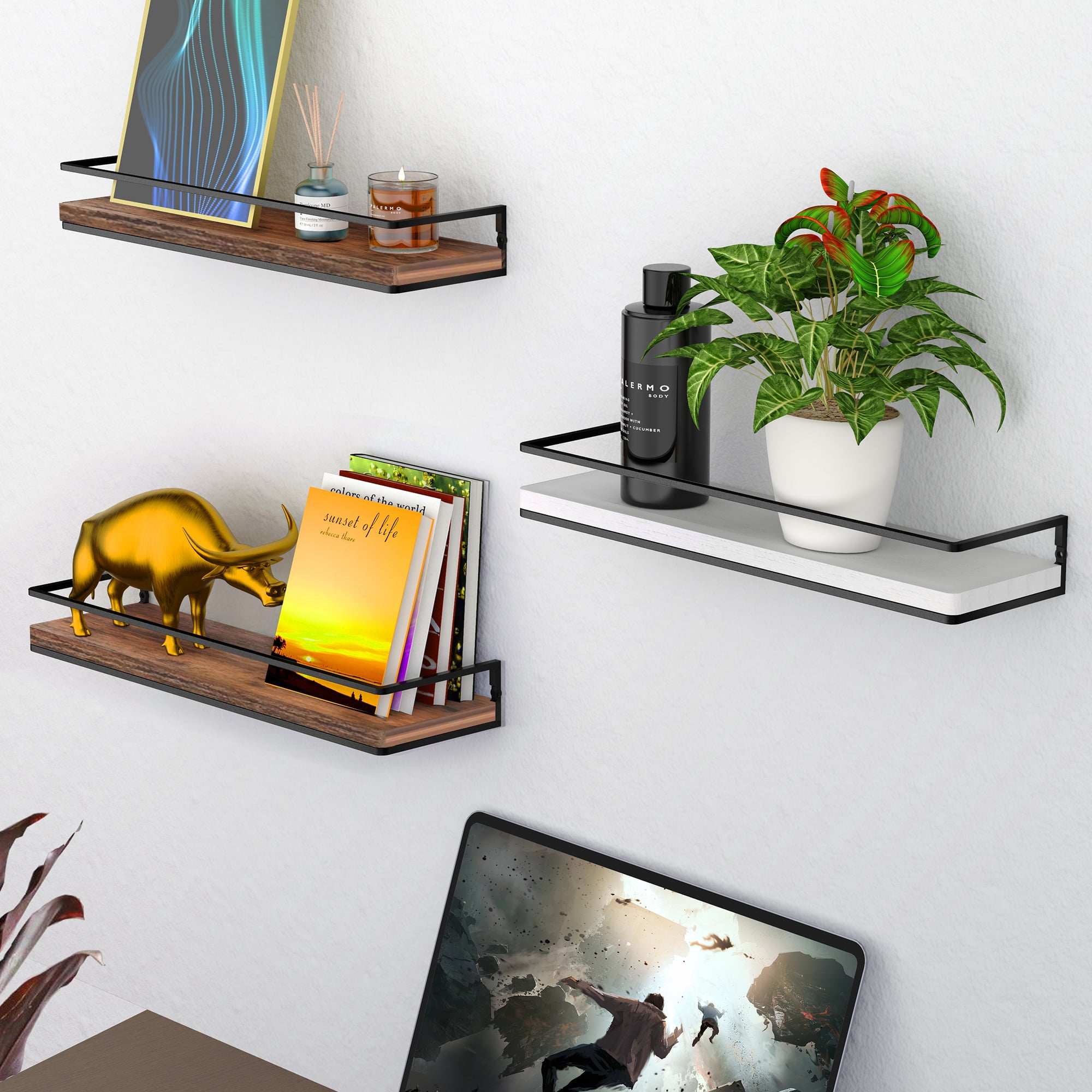 Meangood Floating Shelves Wall Mounted Set of 2, Rustic Wood Wall Storage Shelves for Bedroom, Living Room, Bathroom, Kitchen (Brown)