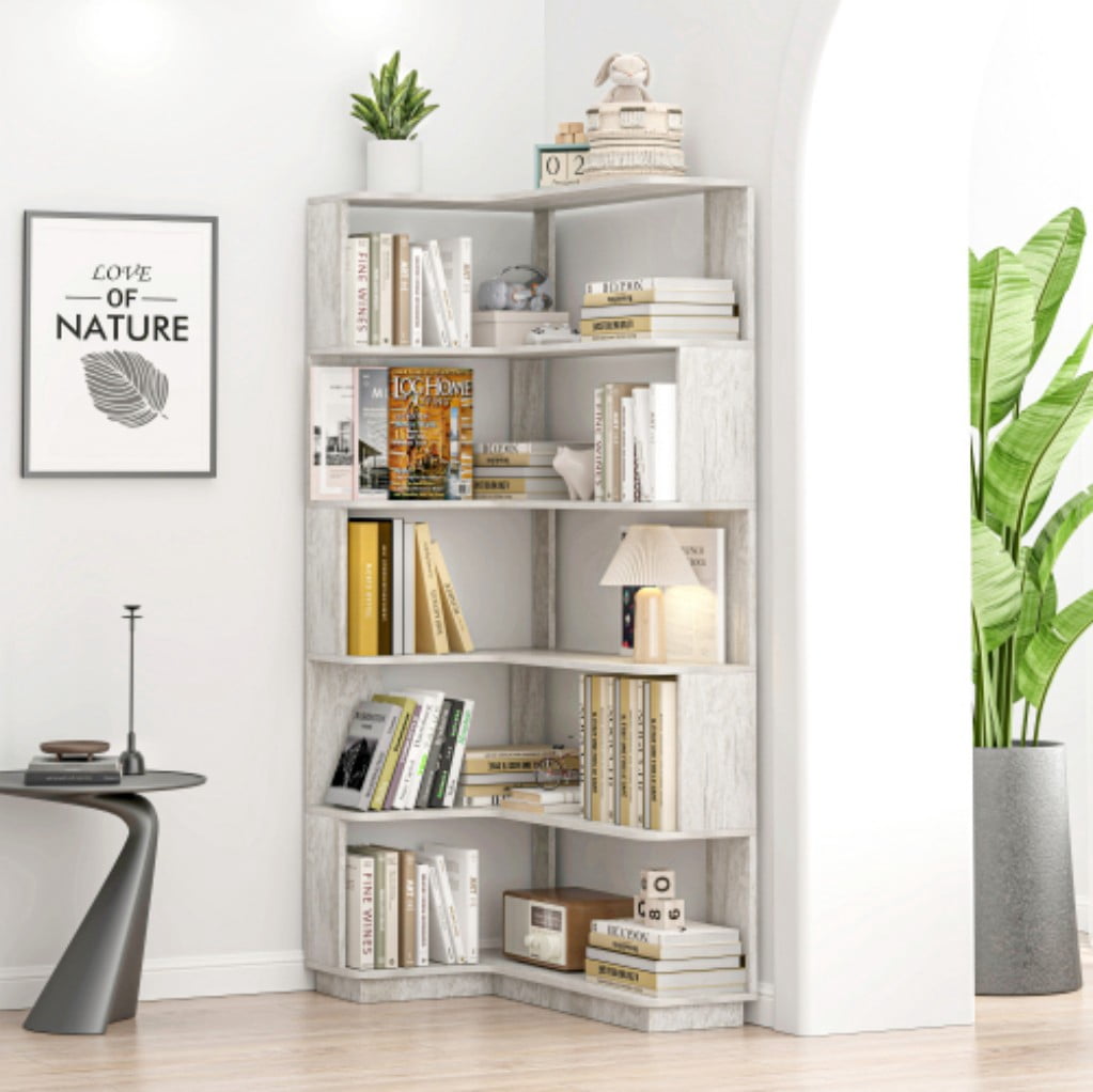 5-Tier L-Shaped Corner Bookshelf, 35.43" Freestanding Wooden Bookcase with Anti-Drop Panels & Anti-Tip Device, Open Display Storage for Living Room, Bedroom & Home Office, Light Gray
