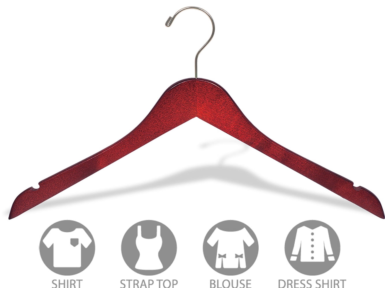 Wood Top Hanger w/ Cherry Finish, (Box of 25) 17 Inch Flat Wooden Hangers w/ Brushed Chrome Swivel Hook & Notches for Shirt Jacket or Dress by International Hanger