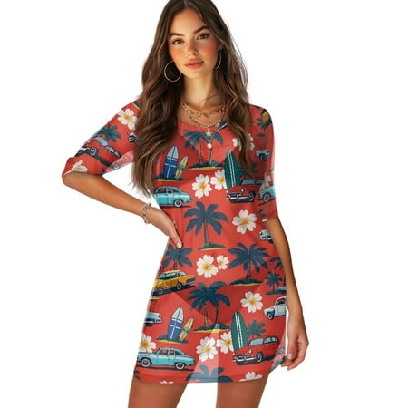 FKELYI Women s Swimsuit Cover Ups Hawaii Palm Tree Flower Print Summer Beach Cover Up Breathable Bathing Suit Cover-Up Half Sleeve Beachwear Bikini Dress for Lady Vacation  XS