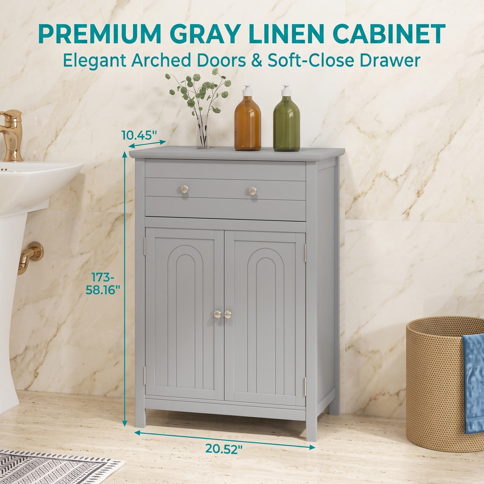 Fenbeli Wooden Bathroom Floor Cabinet, Free Standing 2-Door Storage Cabinet with Drawer and Adjustable Shelf, Waterproof MDF Side Organizer for Bathroom Living, Gray