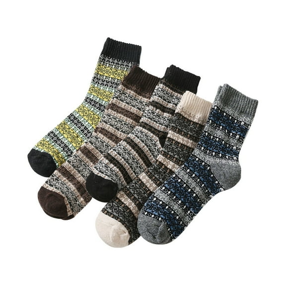 Virmaxy 5 Pairs of Men's Retro Ethnic Style Double Diamond Printed Winter Thickened Socks Cotton Spliced Mid-Calf Socks Multicolor One Size