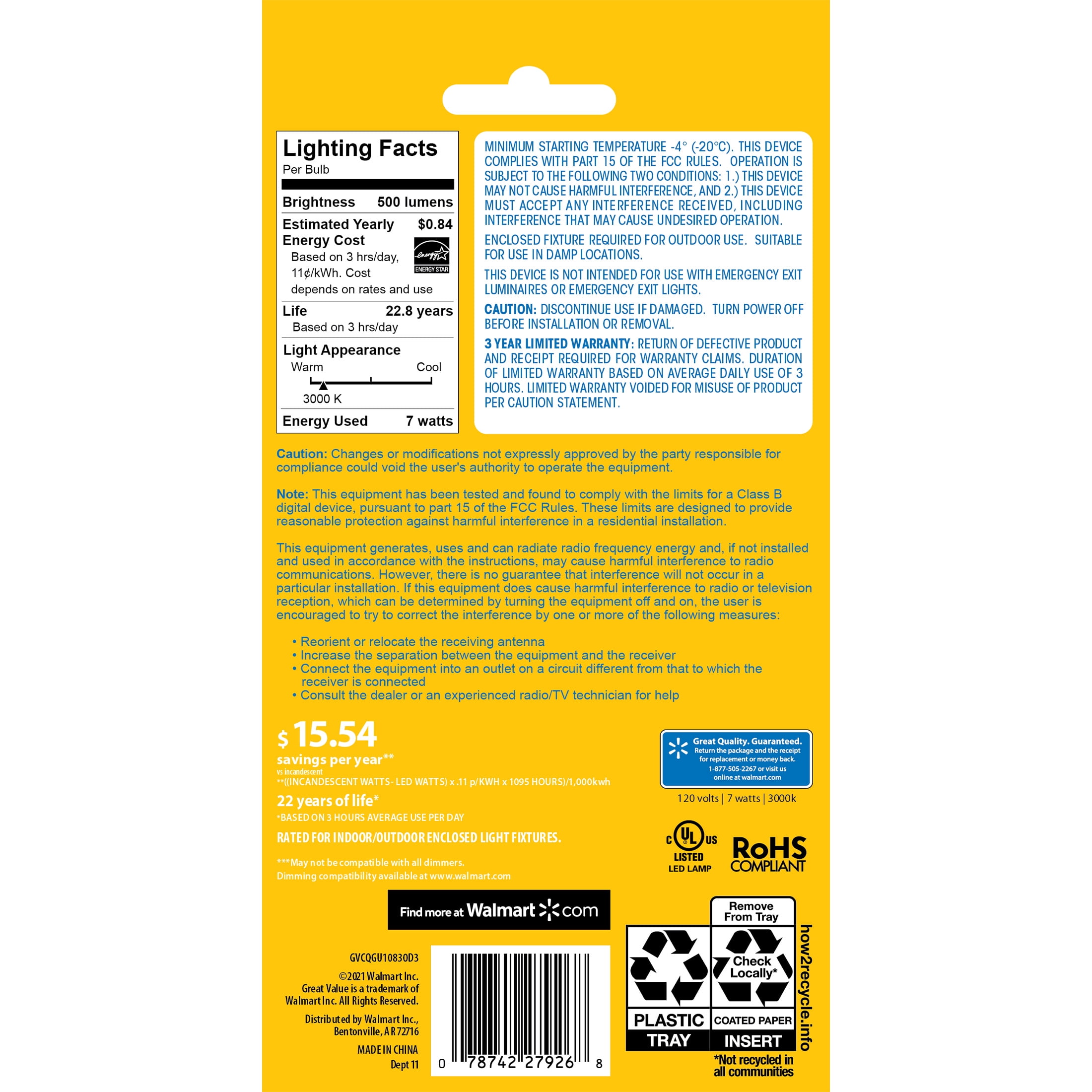 Great Value LED Light Bulb, 7 Watts (50W Equivalent) MR16 Lamp GU10 Base, Dimmable, Soft White, 3-Pack