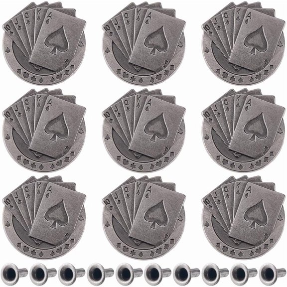 1 Box 10 Sets Playing Card Screw Back Buttons Tibetan Silver Alloy Buckles Conchos Castings Snap Fastener Vintage Decorative Leather Craft Ornament for Wallets Belts Vests Bags Gold