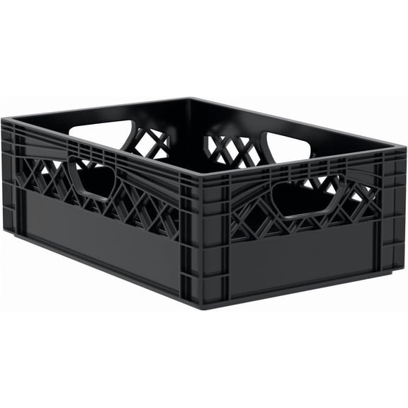 Farmplast Plastic Half Size Milk Crate, 24 Quart Storage Container, Black, Industrial Grade Stackable Utility Box