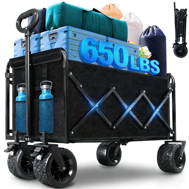 Carro Plegable, Capacidad de 295 kg, Carro Utilitario Plegable de 300L con Ruedas Todoterreno y Frenos, Carro de Playa Resistente para Compras, Camping, Deportes y Más