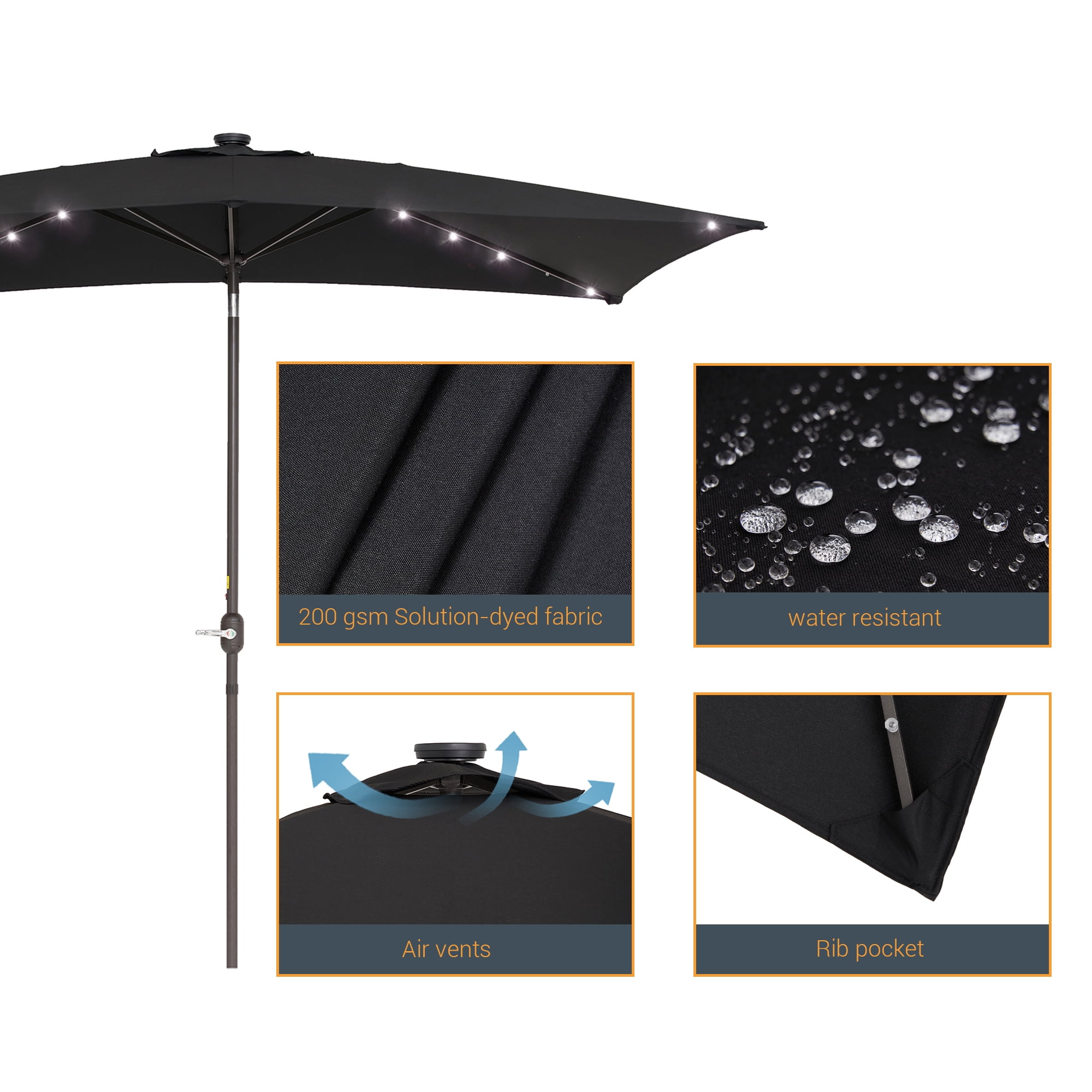ACEGOSES 10x 6.5ft LED Solar Outdoor Patio Rectangle Table Umbrellas with Non-Fading Canopy for Garden and Yard,Black