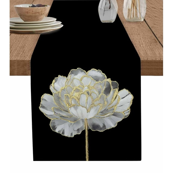 Flower Black Table Runner Cotton Linen 36 Inch Holiday Dresser Scarves, Gold White Abstract Floral Aesthetic Tablerunner for Kitchen Coffee Dining Bedroom Living Room Dinner Scarf Décor 13''x36''