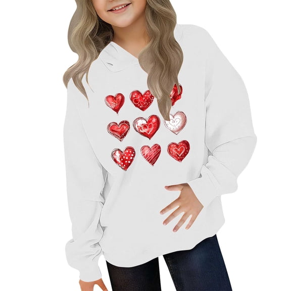 ATOGUTA Girls Valentine's Day Sweatshirt Hooded Heart Sweatshirt Fall Winter Kid Long Sleeve Shirt Pullover Top Size 3T-14, White