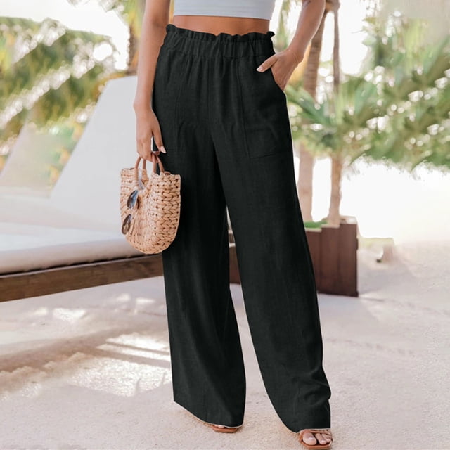Pantalones Pantalones de cintura elástica Pantalones palazzo casuales Traje de vacaciones de línea H de mezcla de algodón Ygjytge Negro T M para Mujer