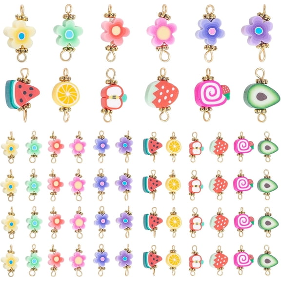 72pcs 12 Styles Polymer Clay Charms Colorful Flower Fruit Heishi Charms Link Charm Connectors Cute Link Connectors