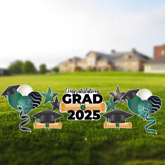 VictoryStore Yard Decorations Graduation 2025 Lawn Decorations, Sparkle Graduation Yard Flair, 11 Piece Set, Includes Stakes (Green Sparkle)
