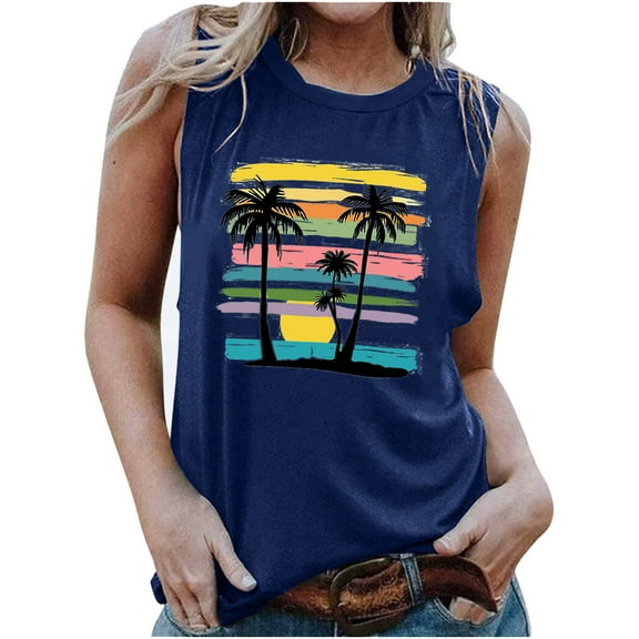 TDYHUAO Womens Beach Tank Tops Summer Sunset Palm Tree Graphic Hawaiian Vacation Casual Loose Sleeveless Tees Shirts for Women