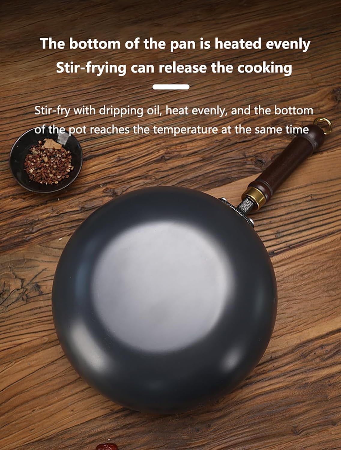 Hand-Forged Iron Wok with Wooden Lid, Japanese Non-Coated Nonstick Frying Pan, for Gas Stove, Induction Cooktop – Flat Bottom Stir Fry Pan for Home Kitchen Cooking (9.5in)