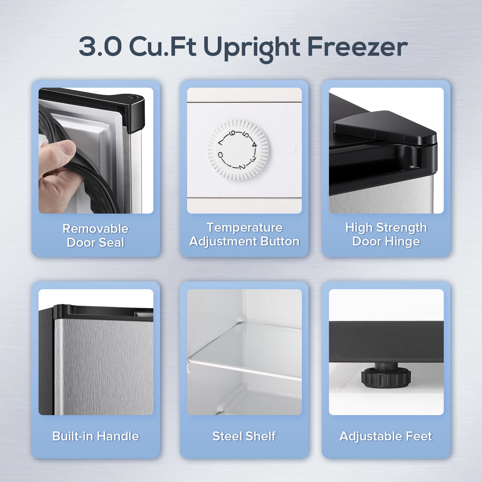 Auseo Upright Freezer, 3.0 Cu.ft Mini Freezer with Adjustable Thermostat & Reversible Single Door, Stand Up Freezer for Home/Office/Dorms/Apartment-Silver