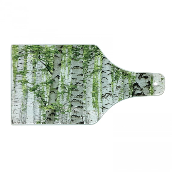 Woodland Cutting Board, Birch Trees in the Forest Summertime Wildlife Nature Outdoors Themed Picture, Decorative Tempered Glass Cutting and Serving Board, Wine Bottle Shape, White Green, by Ambesonne