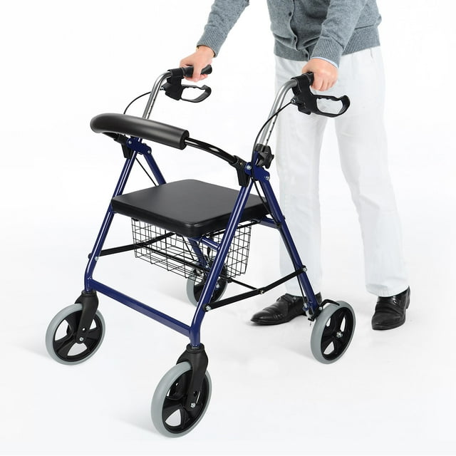 Déambulateur à 4 Roues avec Siège Rembourré Doux, Déambulateur en Aluminium avec Dossier Amovible Rabattable et Panier de Rangement, Poignée à Hauteur Réglable