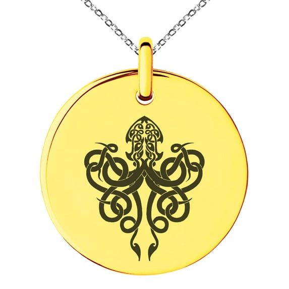 Stainless Steel Tribal Kraken Engraved Small Medallion Circle Charm Pendant Necklace