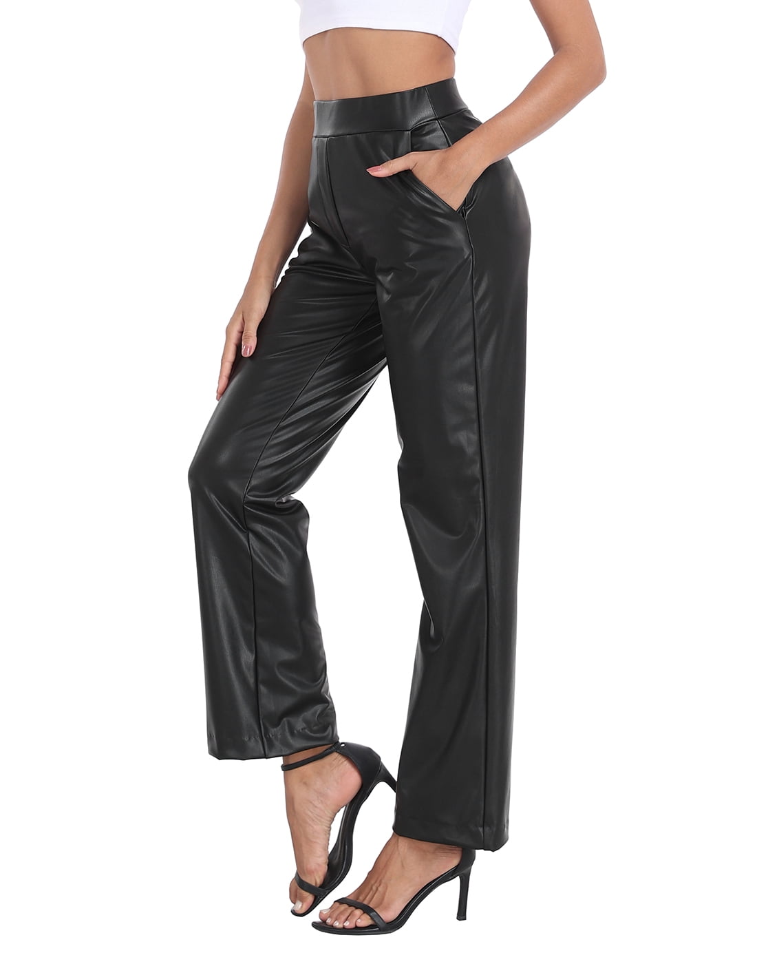 HDE Women's Pull On Faux Leather Kick Flare Pants with Pockets Black - L