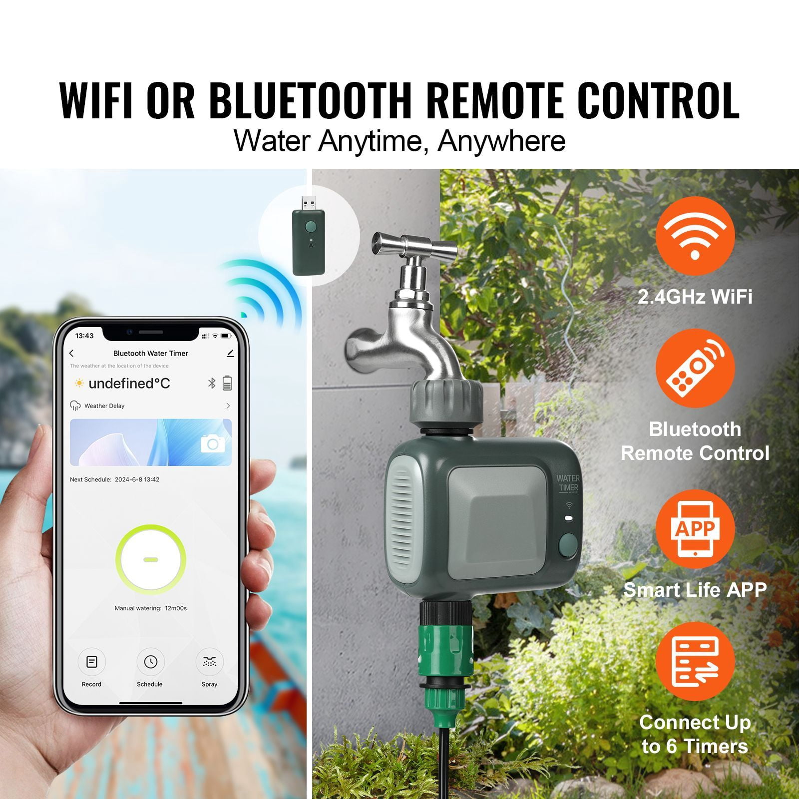 Smart WiFi Water Timer 2.4GHz WiFi Bluetooth, App Remote Control Automatic Irrigation, Programmable Sprinkler Timer for Garden Lawn Yard Watering