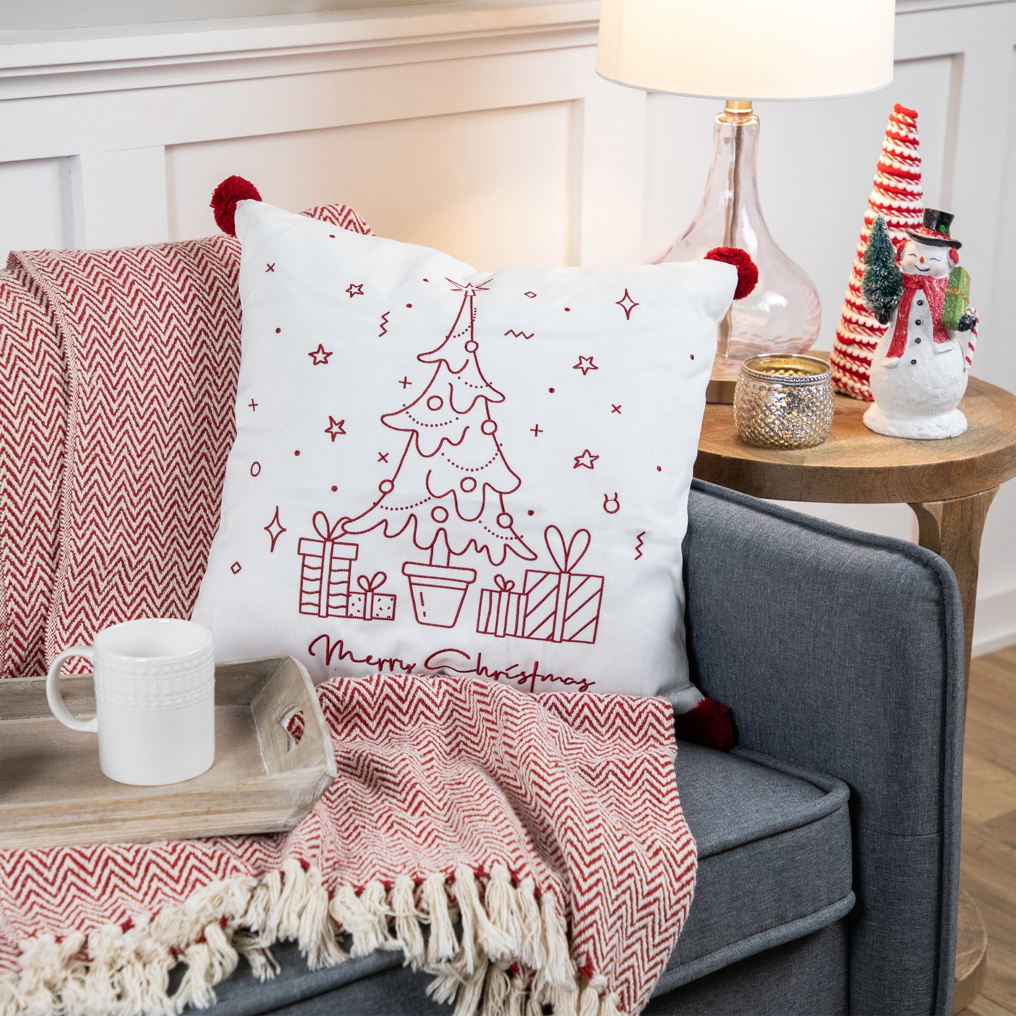 16" White and Red Christmas Tree Embroidered Square Throw Pillow with PomPoms