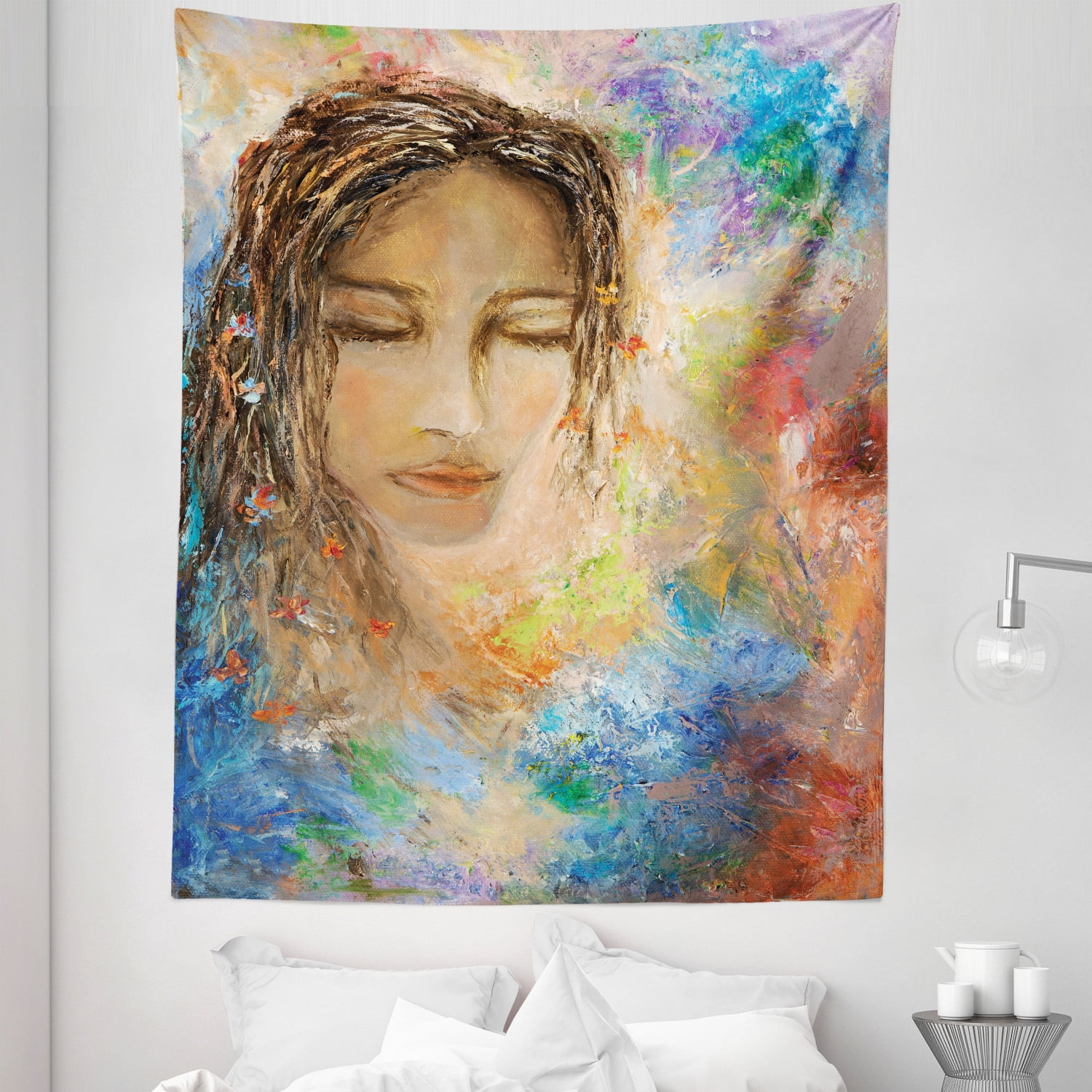 Women Tapestry, Colorful Watercolor Art Closed Eyes Lady Flourishing