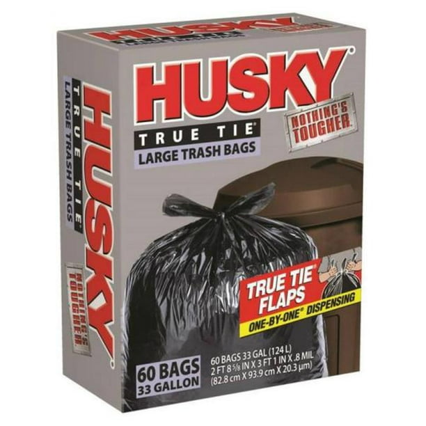 Husky HK33WC060B Trash Bag, Black, 0.8 Mil, 33 Gallon, 60 Bags/Bx