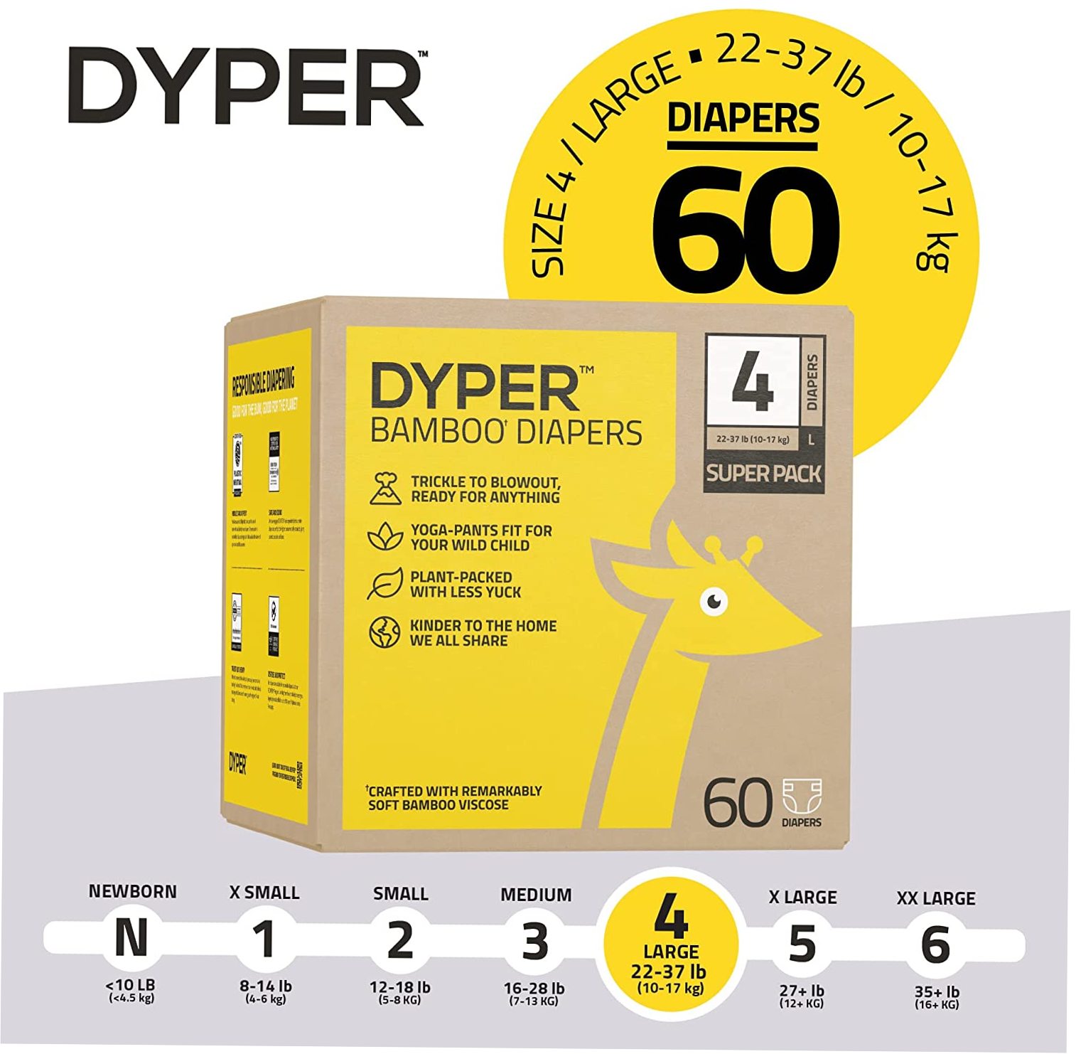 Disposable Diapers Bamboo Baby Diapers Size 4 Natural Honest, Size 4 60 Count, White