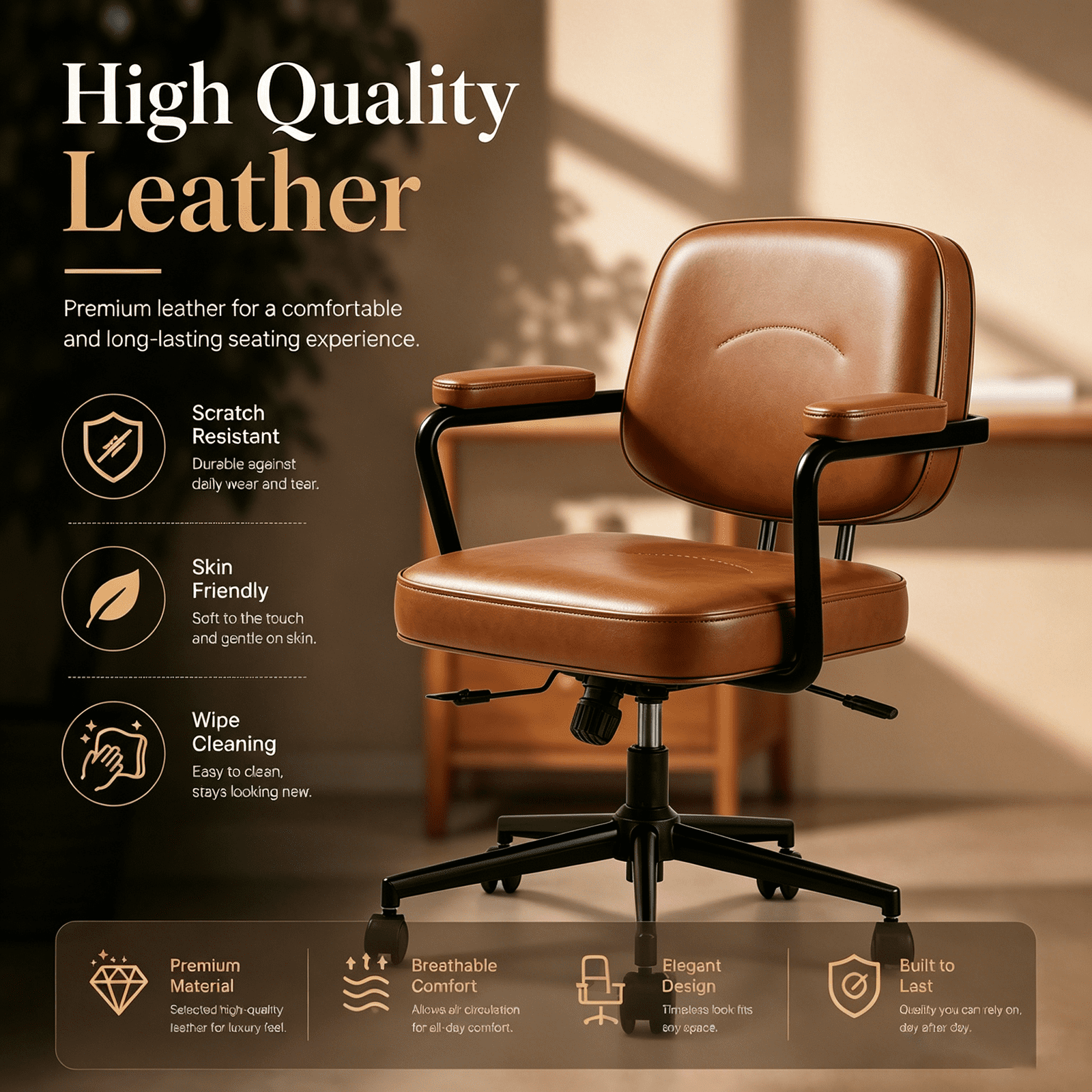 Ergonomic Office Chair, PU Leather Executive Desk Chair with Fixed Armrests, Adjustable Height, Rocking Function, 360° Swivel Rolling Wheels Brown