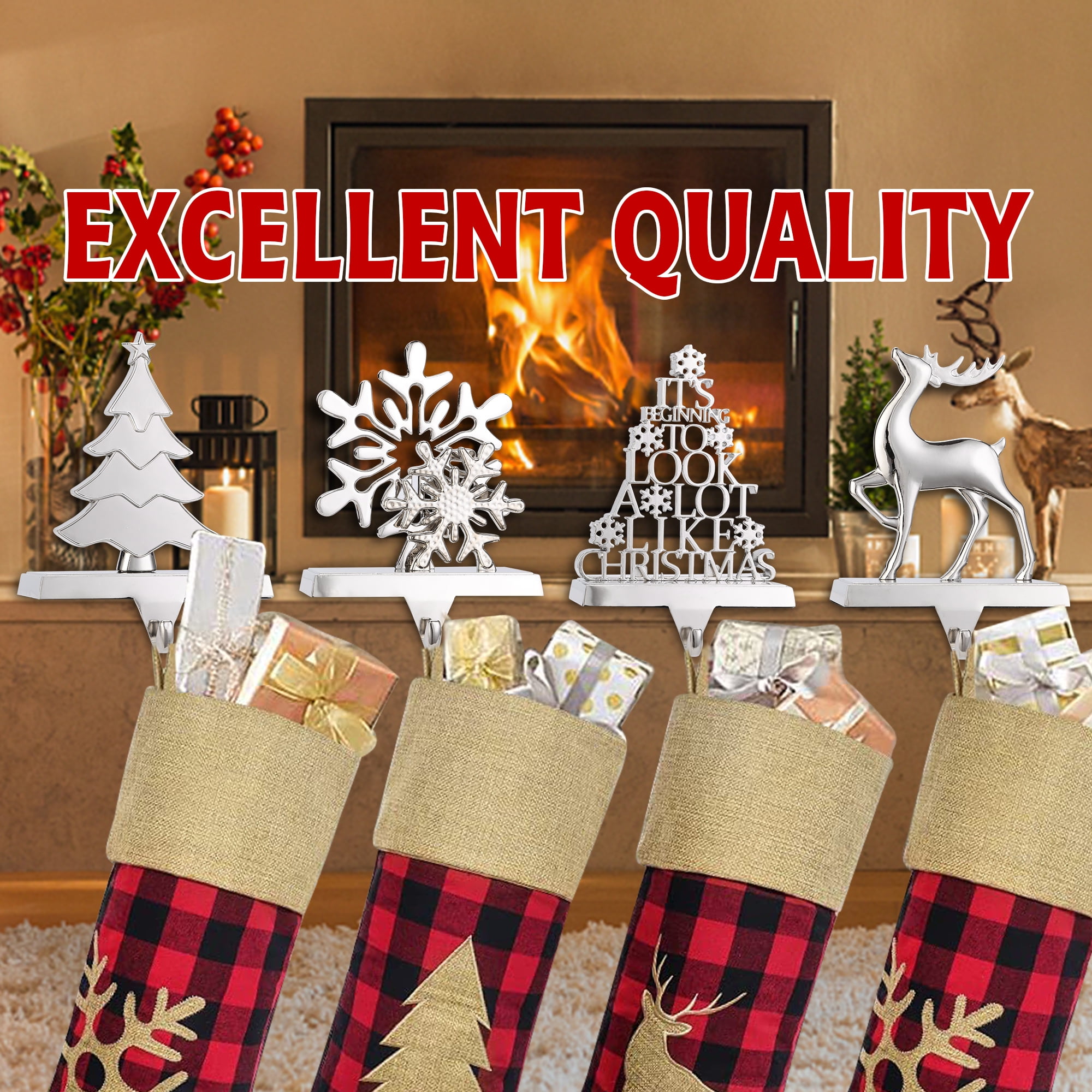 Christmas Stocking Holders for Thick & Thin Mantle Set of 4, Silver