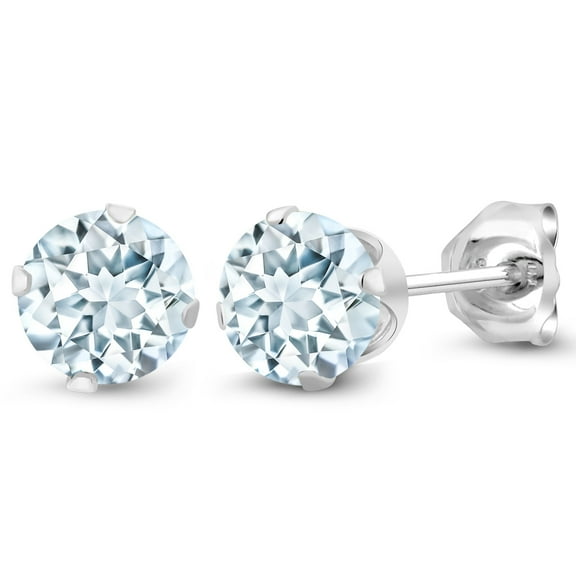 Gem Stone King 925 Sterling Silver Sky Aquamarine Women Stud Earrings (0.88 Cttw, Gemstone Birthstone, Round 5MM)