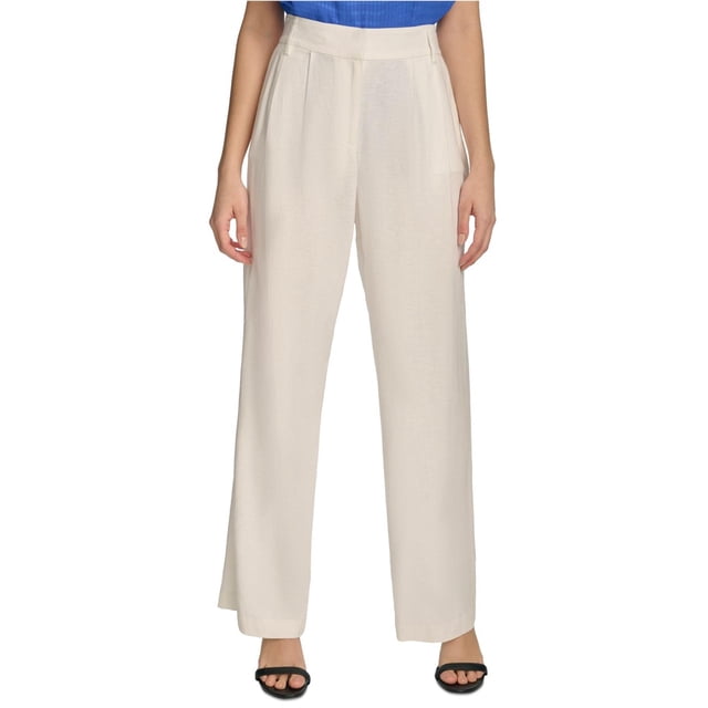 Calvin Klein Womens Linen Blend Casual Wide Leg Pants, White, 14