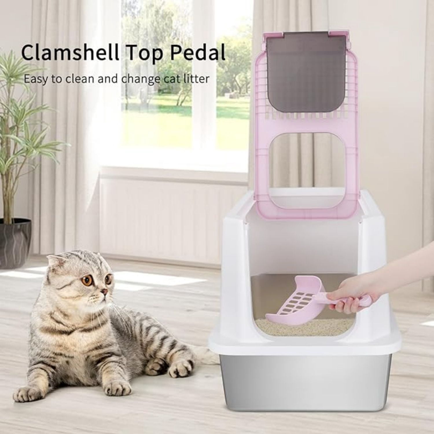 Enclosed Cat Litter Box: Extra Large Pink Litter Pan with Top Exit & Anti-Leak Design - Teflon Non-Stick Coating Stainless Steel Cleaning - Odor-Control in Garage Utility Room