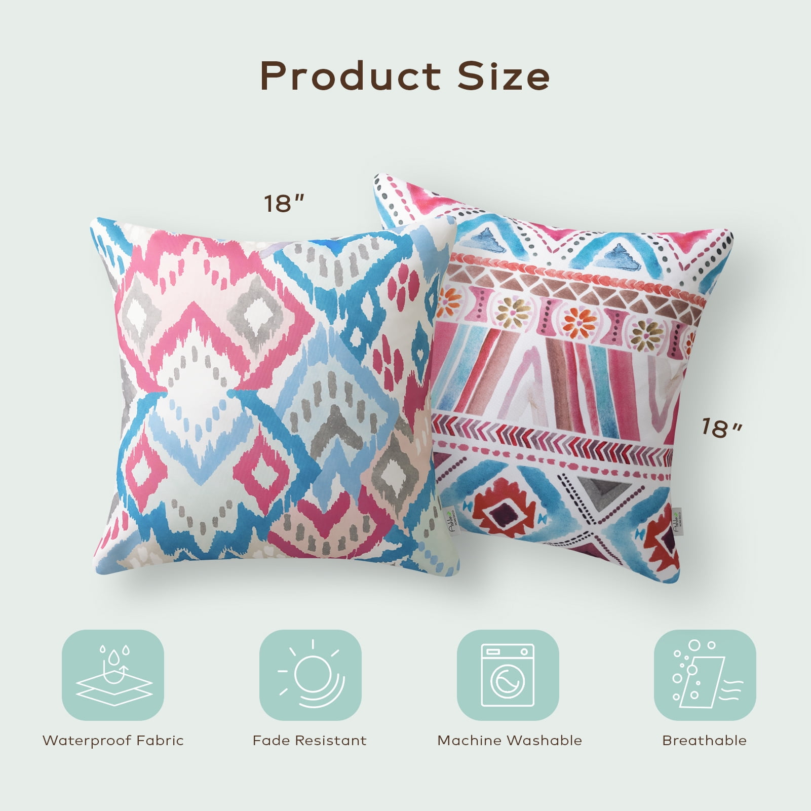 Phantoscope Boho Outdoor Decorative Throw Pillows with Inserts, Waterproof, Pink and Blue, 18 x 18 in, 2 Pack