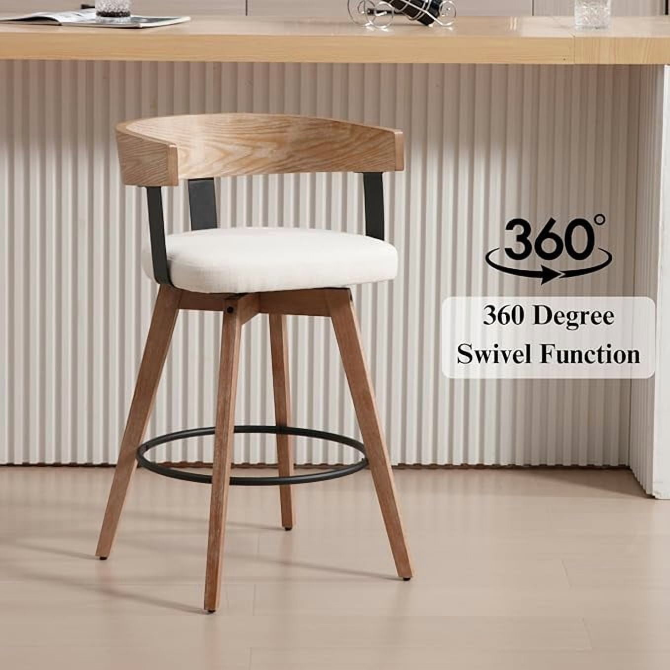 Guyou Modern Linen Upholstered 360-Degree Swivel Bar Stool Set of 2,26" Counter Height with Footrest & Backrest,Ideal for Kitchen Island & Home Bar, White