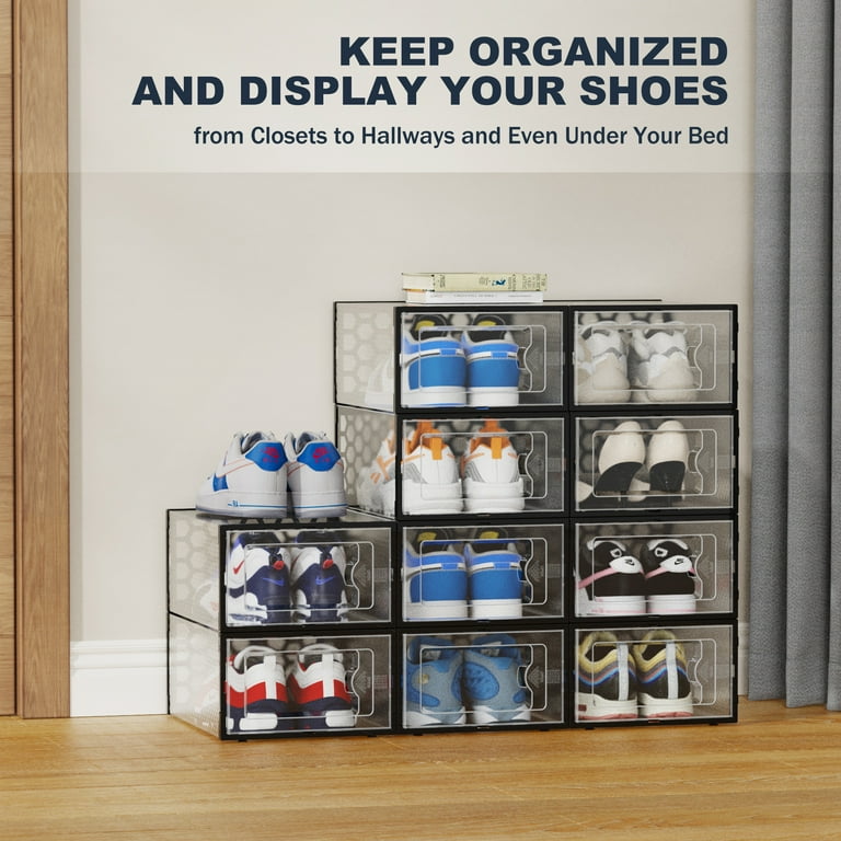 RIOUSERY Shoe Boxes Set of 6 Black Frame Clear Plastic Stackable Shoe Storage Organizer for Closet Entryway Shoe Containers with lids