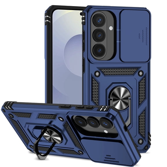 Decase for Samsung Galaxy S26 Case, Rugged Ring Holder Kickstand Heavy Duty Hybrid Case with Slide Lens Cover,Shockproof Dual-Layer Hard Phone Case,Blue