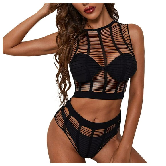 Women Hollowed Out Fishing Net Underwear Bag Skirt Pajamas Lace Lingerie Set with Garter Belt And Stockings