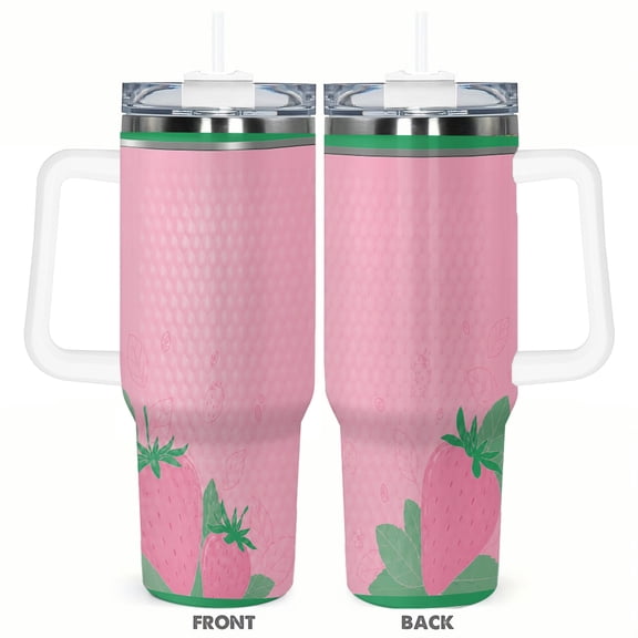 40oz Pink Strawberry Travel Tumbler with Handle and Straw Insulated Car Cup Cute Fruit Coffee Cup Gift for Women
