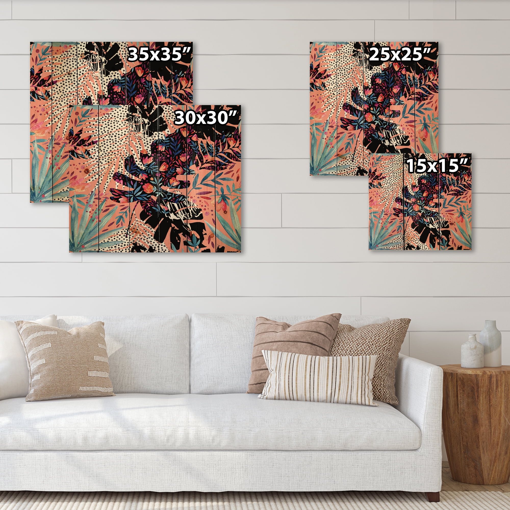Designart 'Abstract Tropical Floral Patchwork II' Tropical Print on Natural Pine Wood