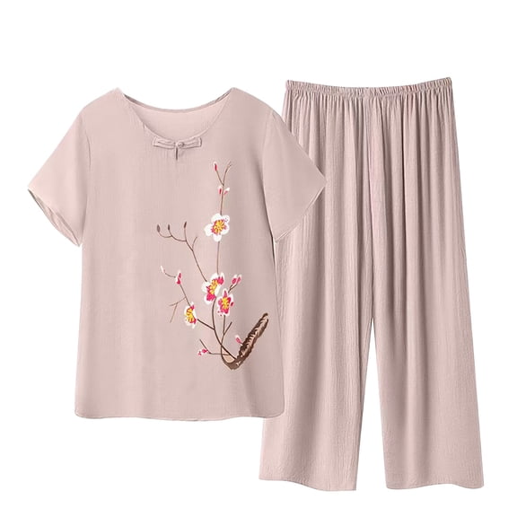 NMMUED Women's Embroidered Cotton Linen Two Piece Set for Seniors Short Sleeve Floral Top Wide Leg Pants Breathable Loose Fit Casual Summer Lounge Outfit Comfortable Daily Wear Women Lounge Set XXL