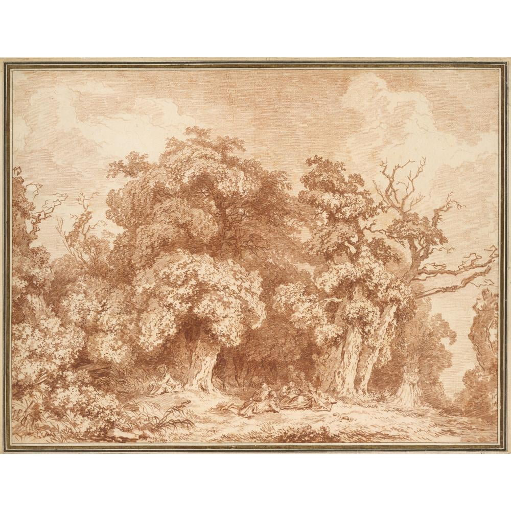 Jean-Honoré Fragonard 14x12 Black Modern Framed Museum Art Print Titled - A Gathering at Wood's Edge (ca. 1770-73)