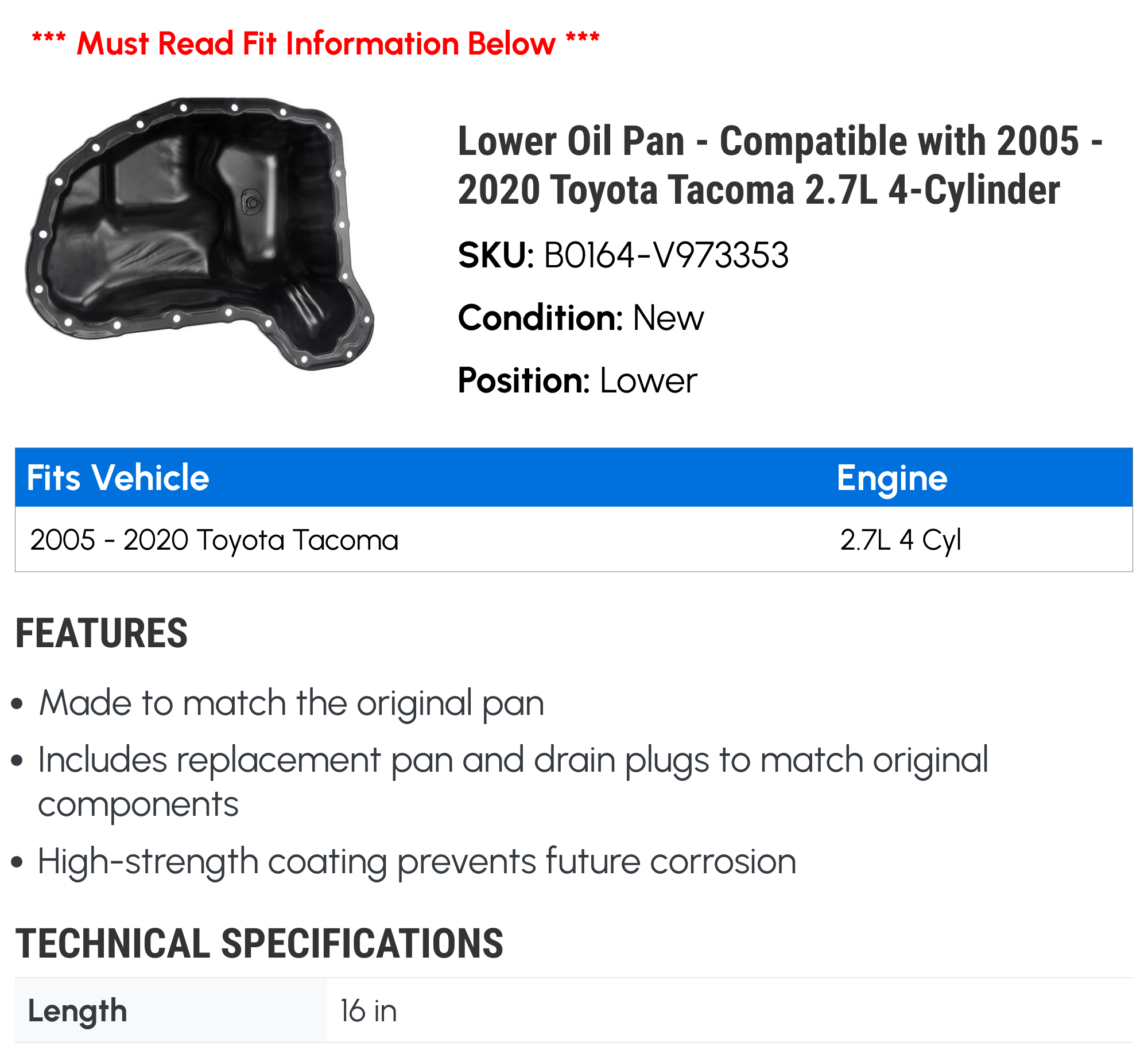 Lower Oil Pan - Compatible with 2005 - 2020 Toyota Tacoma 2.7L 4-Cylinder - Dorman
