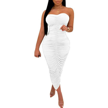 Women's Sexy Ruched Strapless Bodycon Tube Maxi Long Club Dress ...
