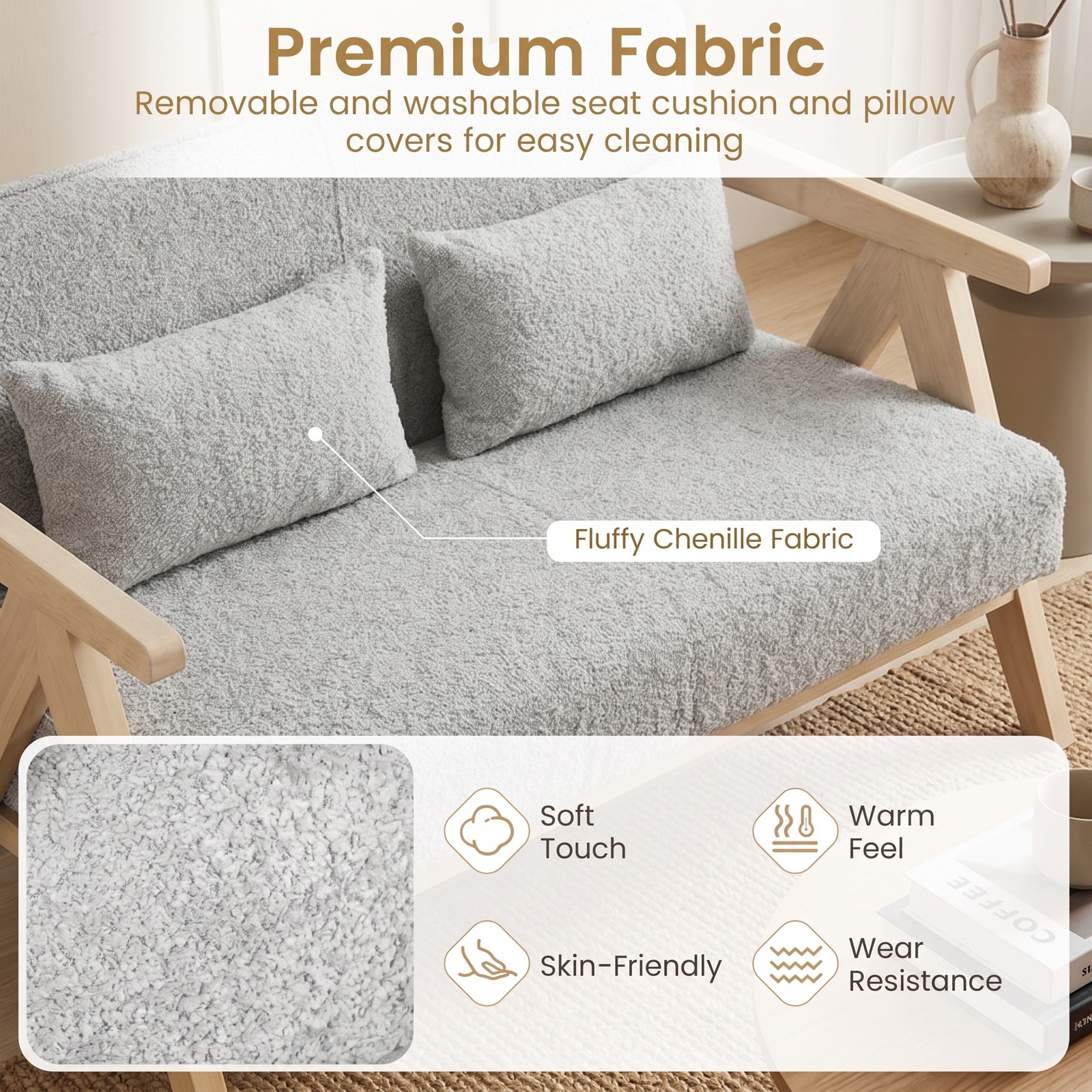 Furnibear Loveseat Sofa for Small Spaces, Modern 2-Seater Upholstered Chenille Couch with 2 Throw Pillows, Rubber Wood Frame, Pocket Spring Padded Seat for, Gray